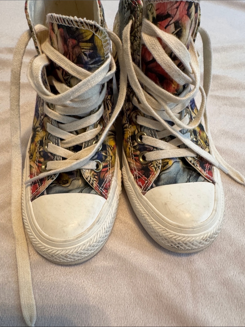 Converse Floral High-Top Wedge Sneakers in Cream, Yellow, Red, Blue - Picture 2 of 7